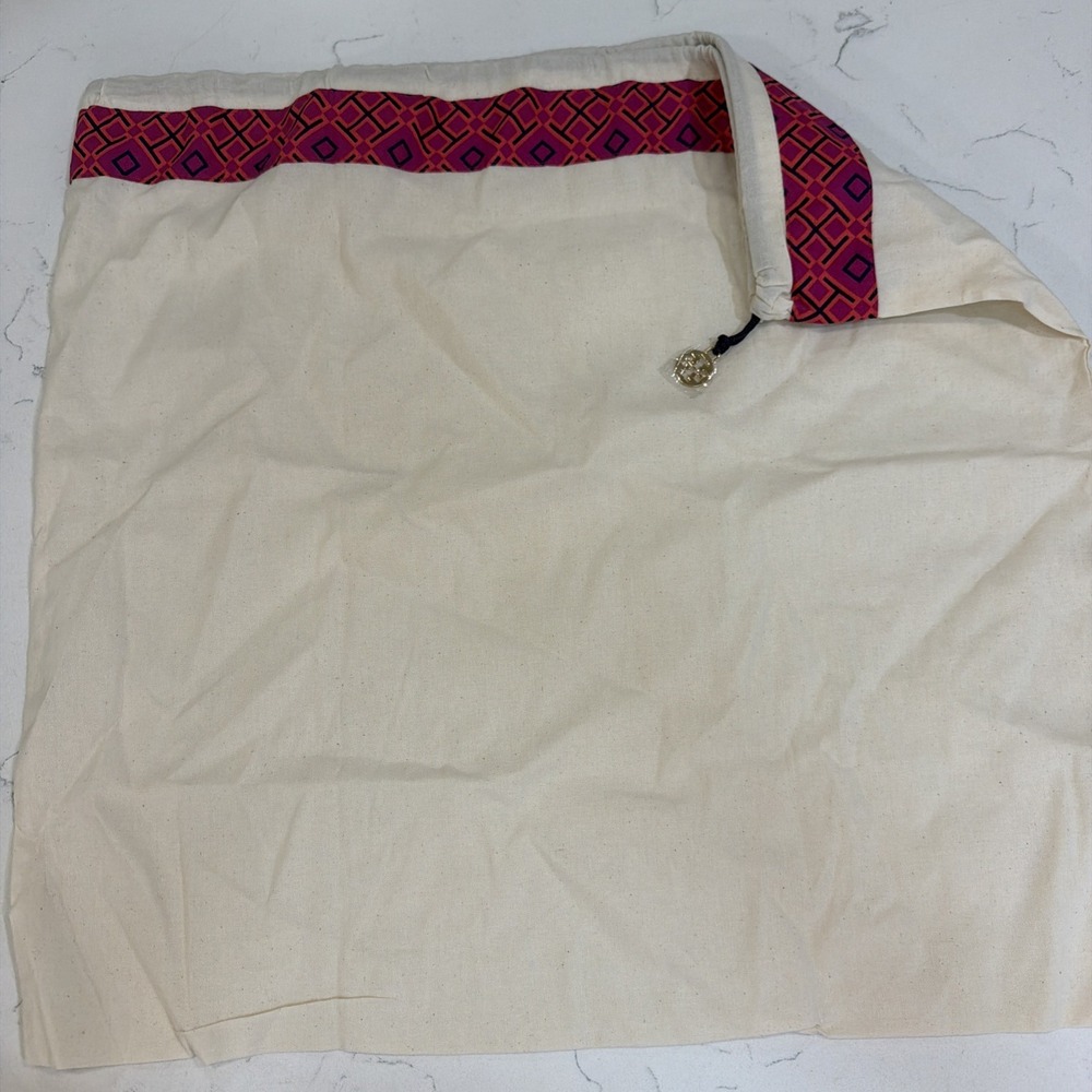 Tory Burch Large Canvas Dust Bag Magenta Geometric Trim Gold Logo Charm 22x21